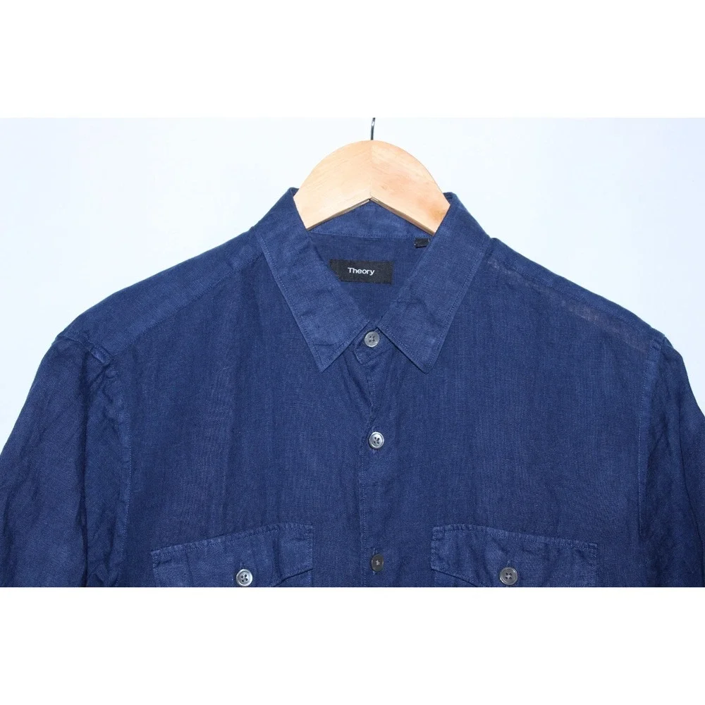 Theory Men's Small Blue Short Sleeve Linen Rilos Instrumental Light Shirt